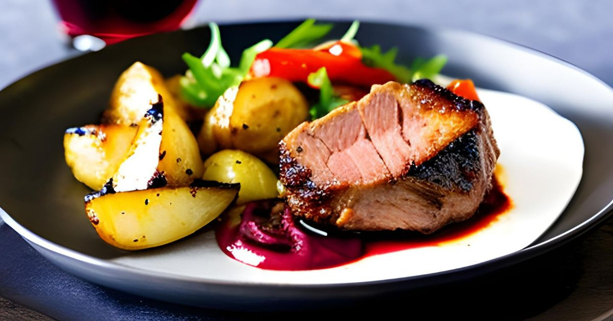 Solomillo de cerdo ibérico con reducción de vino tinto y patatas al horno